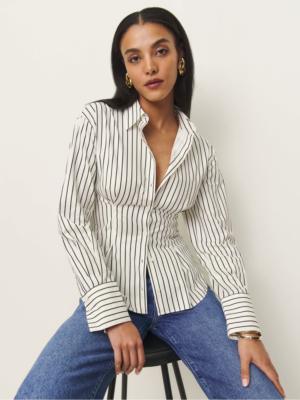 Reformation Becker Shirt — White Button-Front Shirt with Black Pinstripes